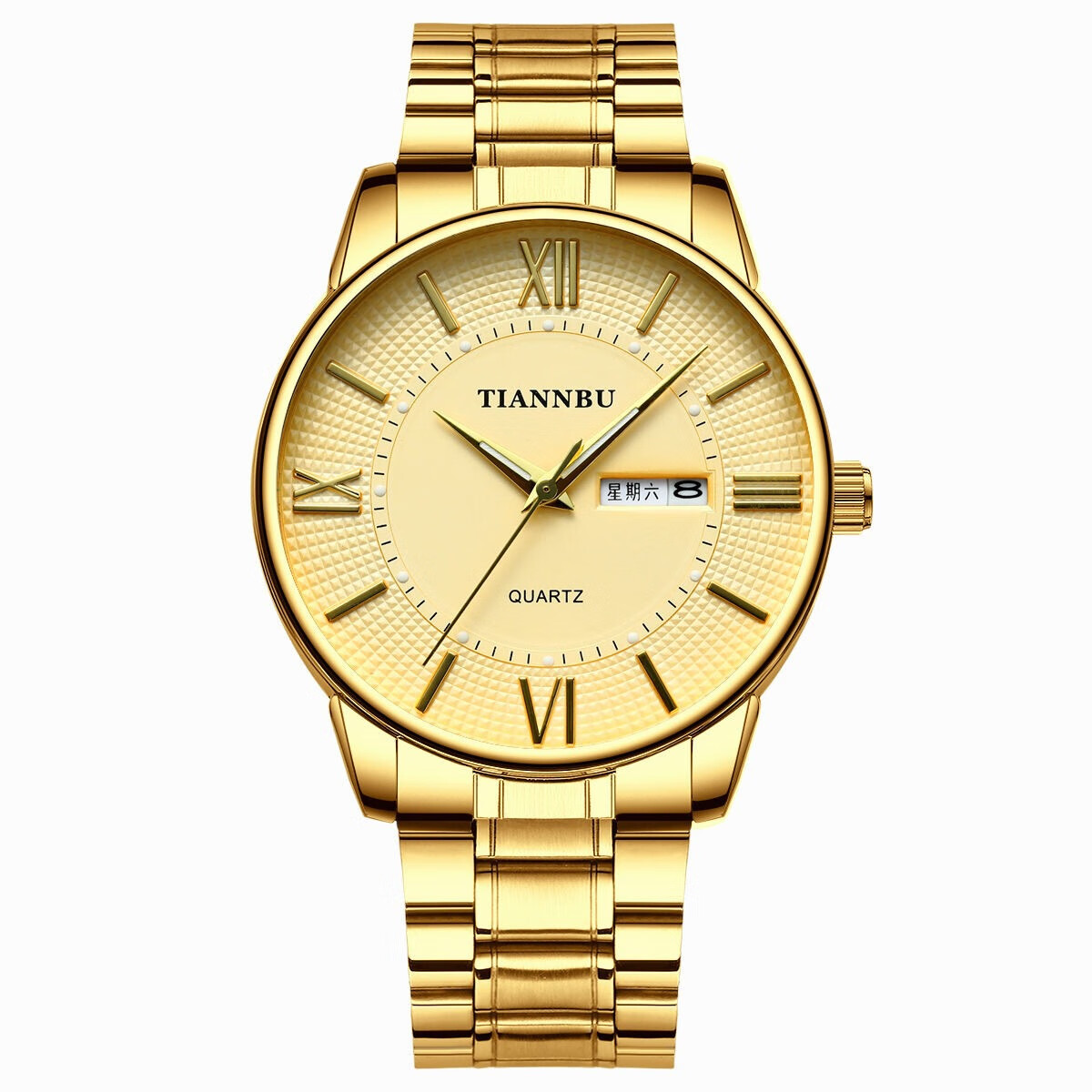 天博手表男士双日历石英表防水夜光男女士钢带表 金壳金面钢带-女款