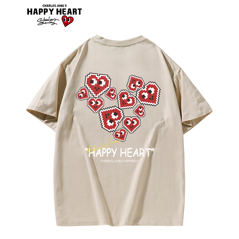 查尔斯桃心短袖男女同款 心型印花夏季卡通休闲宽松情侣百搭圆领t恤