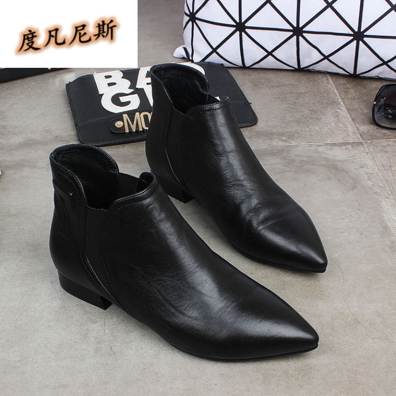 短靴真皮时装靴马丁靴切尔西靴女尖头欧美风春秋单靴平底鞋及裸靴冬季英伦风踝靴 黑色 真皮 内里 40