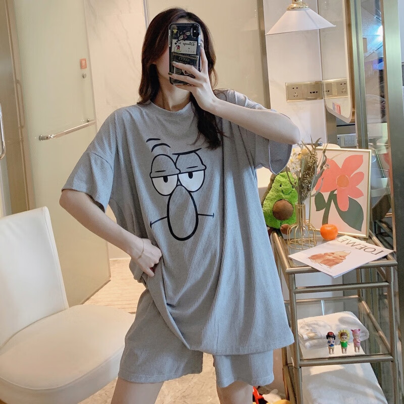 大鼻子短#亲肤宿舍热天女子春夏 m胖妹妹优雅大号宽松简约百搭中