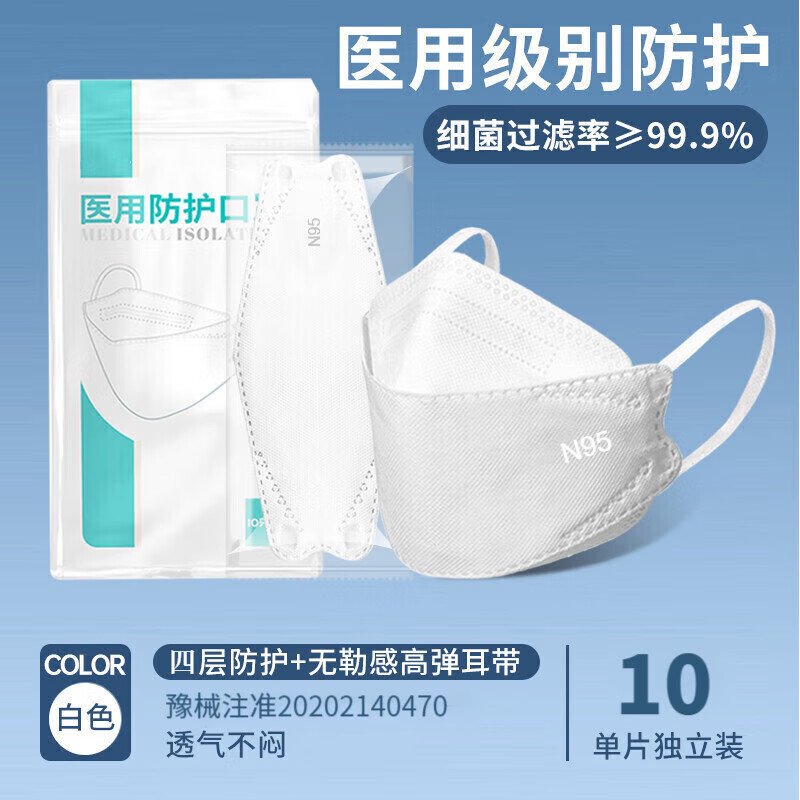 n95口罩医用灭菌防护柳叶型3d立体一次性口罩独立包装 医用防护【白色