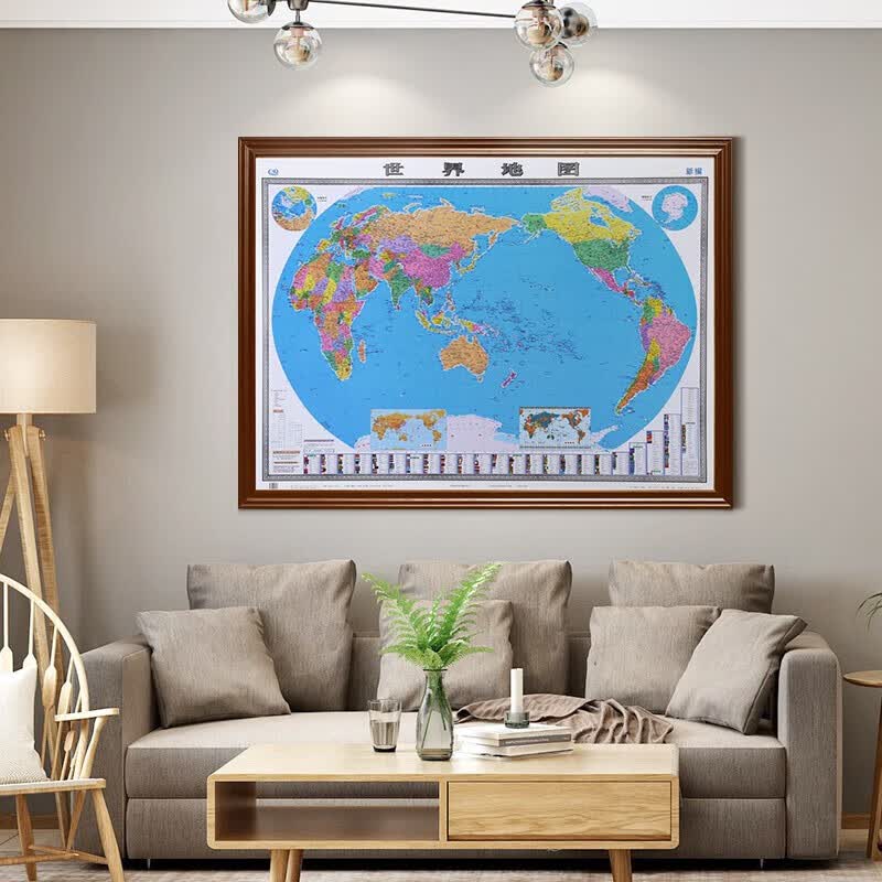 【定制】世界地图 实木边框装裱 有机玻璃面板 防潮背板 领导办公室挂图带框装饰画 胡桃色边框 1.57x1.16米