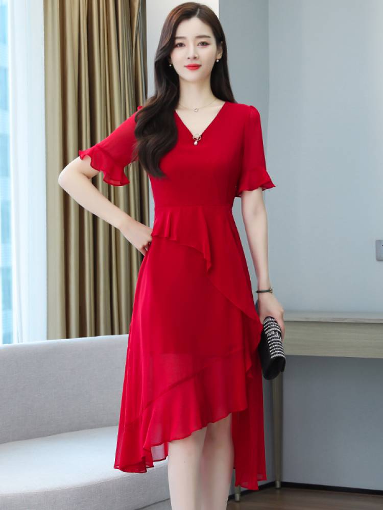 hu)纱雪纺连衣裙新款夏季40-5梨型身材穿搭显瘦款女人衣服气质女神范