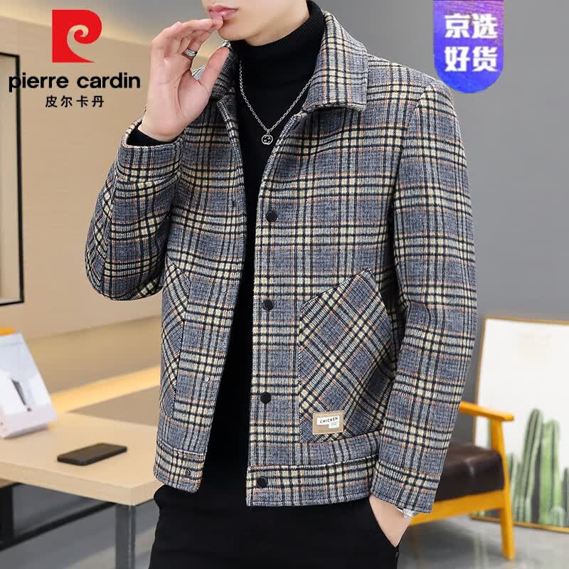 皮尔卡丹秋冬格子男士短款毛呢外套加厚韩版潮流帅气青年休闲呢子夹克大衣 2206款 2XL