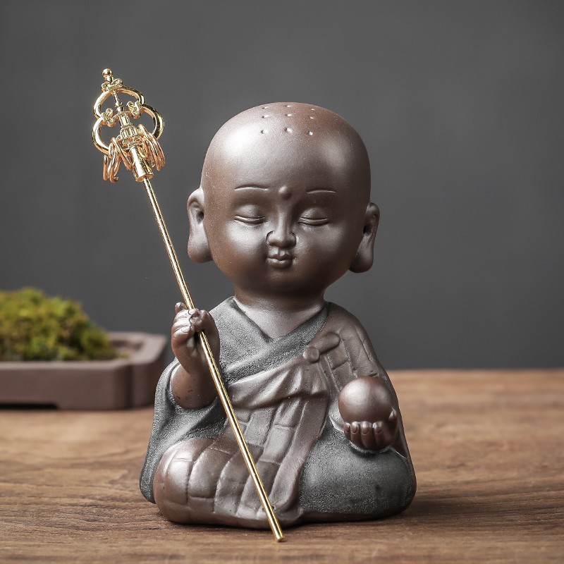 沙弥紫砂精品手工陶瓷小和尚可养茶玩茶盘摆件 黑金沙茶宠沙弥--悟禅