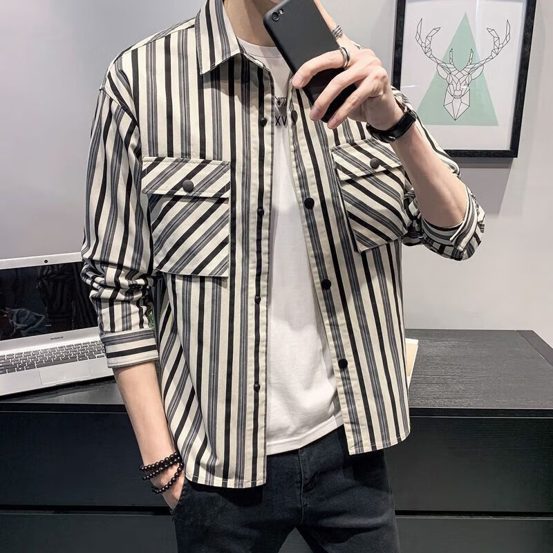 卡柏奇秋季男士衬衫长袖新款韩版竖条纹休闲秋装衬衣男 条纹黑 M 110斤内