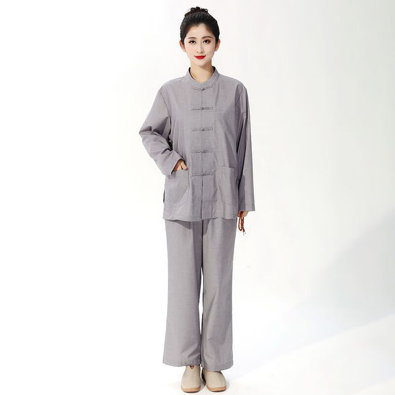 baqi居士服女男同款禅修服套装春夏秋季立领盘扣大胸围酒红灰色两件套