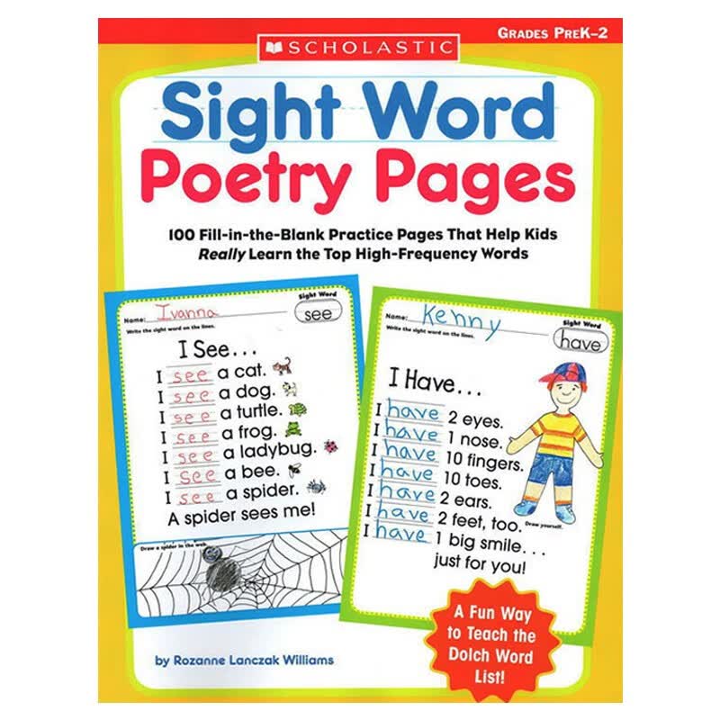 英文原版 Scholastic Sight Word Poetry Pages Grades PreK-2 学前单词练习册 高频词诗歌填空练习