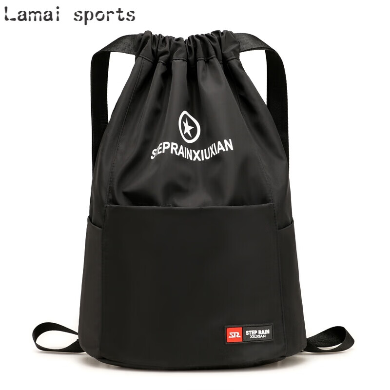 步雨抽绳双肩包男女通用运动健身包篮球束口袋简易旅行大容量轻便足球 黑色