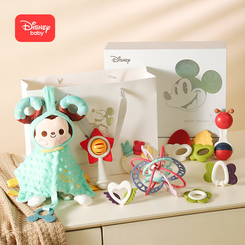 迪士尼婴儿玩具摇铃新生儿礼盒婴幼儿牙胶安抚巾初生礼物满月礼品组合