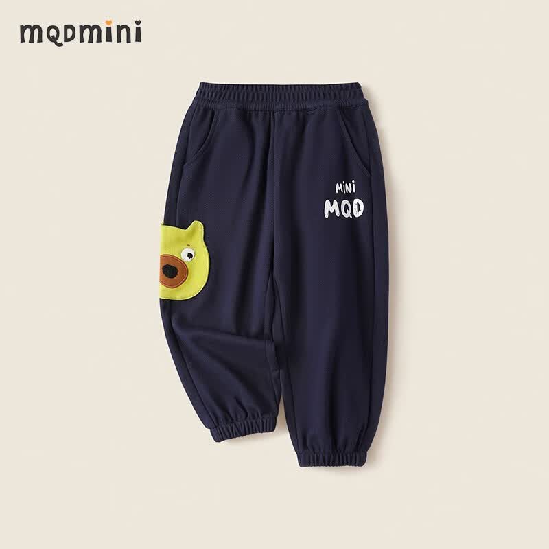 MQDMINI童装儿童裤子男童秋季卫裤男孩百搭长裤宝宝衣服中小童休闲裤 小熊口袋深蓝 120怎么看?