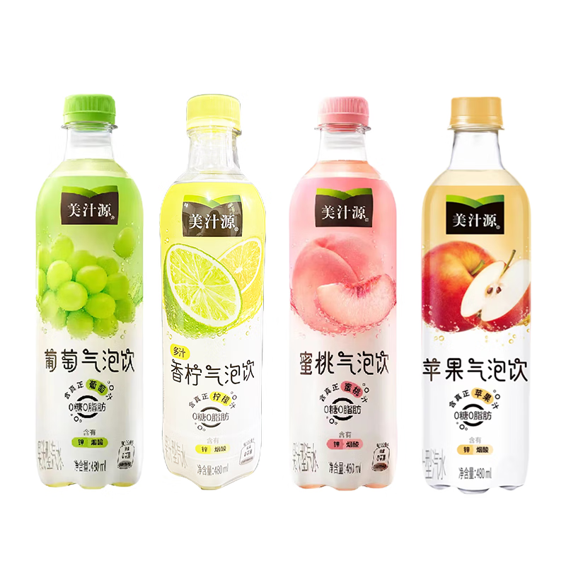 美汁源可口可乐气泡水苹果蜜桃葡萄气泡饮480ml*5瓶新品香柠气泡 蜜桃