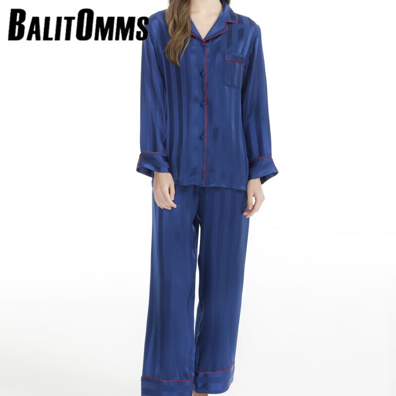 真丝睡衣女长袖裤两件套装竖条纹提花抽绳系带休闲桑蚕家居服 深蓝 