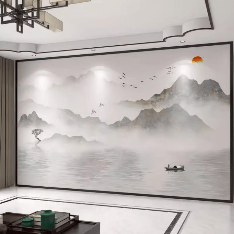 clcey新中式电视背景墙水墨山水画护墙板客厅沙发装饰竹木纤维集成