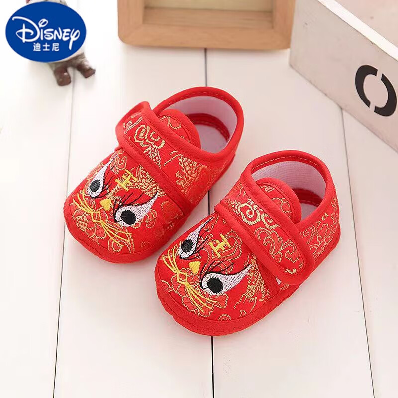 迪士尼（DISNEY）虎頭鞋嬰兒手工布鞋春秋季單鞋紅色滿月百歲周歲寶寶老虎鞋子春夏 紅色 春秋虎 12碼建議1-3個月 鞋底長10CM