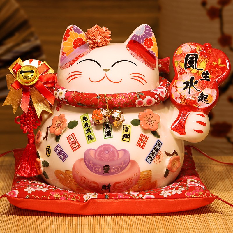 吉善缘 陶瓷招财猫摆件存钱罐 客厅店铺公司办公室装饰开业乔迁工艺礼品 9寸风生水起