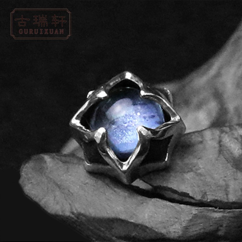 古瑞轩个性单只韩版复古925银饰品莲花宝石银耳钉潮男女生夜店配饰