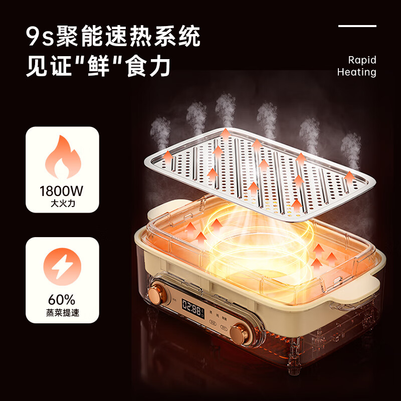七彩叮当(URINGO)电蒸锅家用三层18升大容量蒸炖锅一体预约定时电蒸笼多用途锅蒸锅蒸蛋器 炖盅款DZ05