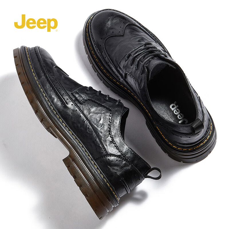 男鞋春季新款男士时尚休闲鞋男厚底系带潮流正装皮鞋子男 黑色 245/39