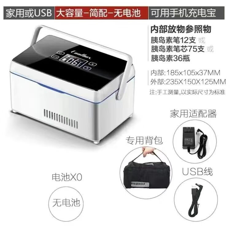 酷宝（Coolbox）胰岛素冷藏盒便携式迷你小冰箱旅行充电式车载保鲜药品疫苗恒温箱 大盒提手无电池需插电 车家两用 2L