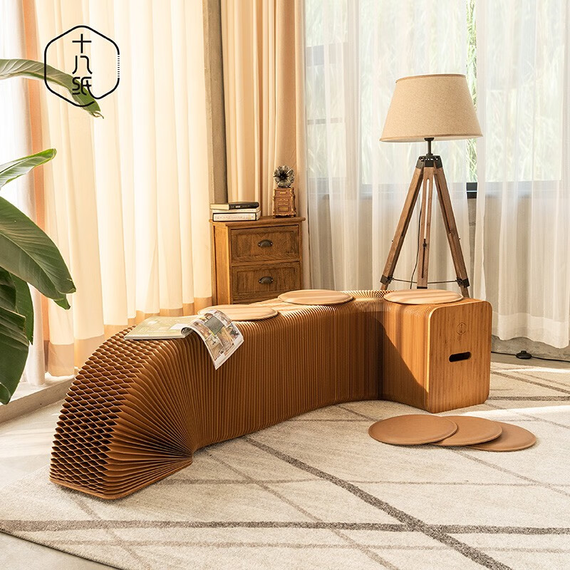 十八纸 多人坐凳子家用凳子餐凳长条凳 时尚创意设计伸缩折叠凳子多变造型餐厅家具 坐高42CM-棕色风琴凳-6人位