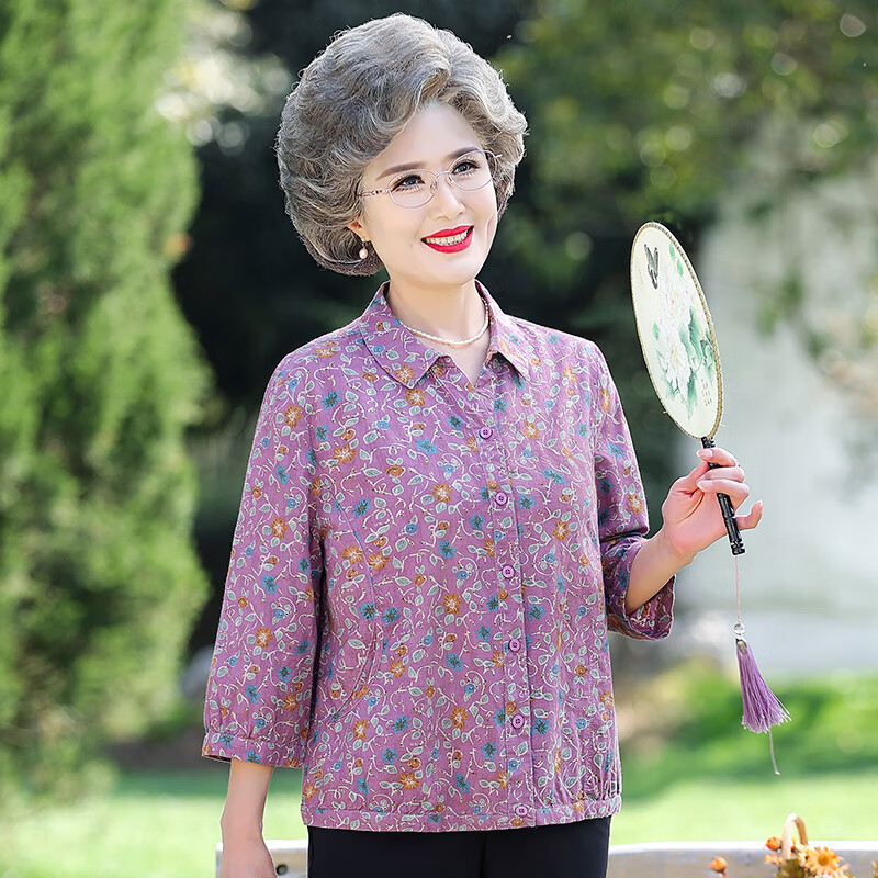 中老年人夏装纯棉碎花衬衫女妈妈夏季吸汗老太太衬衣奶奶老人衣服