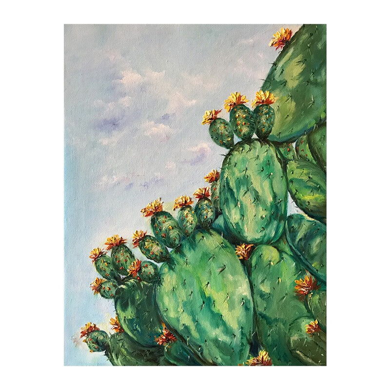 艺幻绿色仙人掌手绘油画田园风植物装饰画客厅挂画玄关砂岩立体肌理画