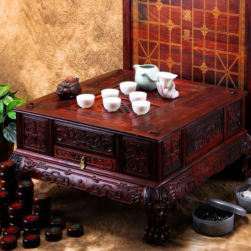 吾诺大红酸枝实木多用象棋方桌老红木复古茶桌茶台仿古茶台复古围棋盘