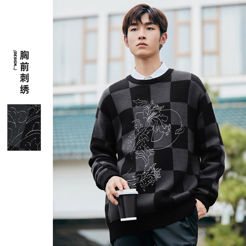 太平鸟男装毛衫男刺绣毛衣套头衫棋盘格圆领斯文 黑色2（阔） L 怎么看?