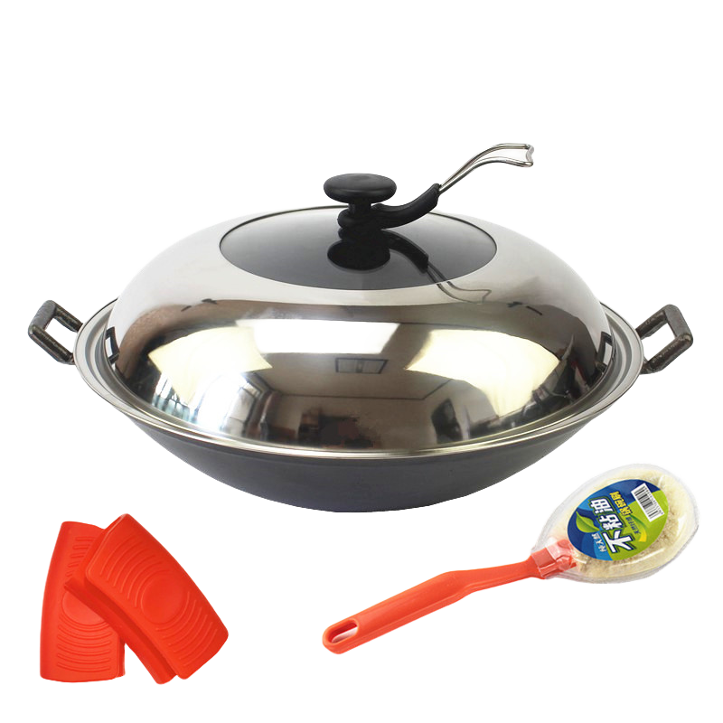 蘇鉑仕老式雙耳炒鍋傳統(tǒng)生鐵無涂層加厚鑄鐵圓底尖底家用柴雞大鐵鍋 38cm口徑(有鍋蓋+鍋刷+鍋耳套)