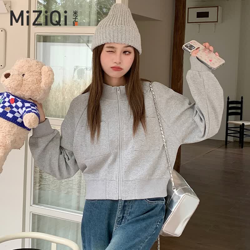 米子旗短款卫衣女春秋2023年新款韩版美式开衫设计感短款上衣外套 灰色 L高性价比高么？
