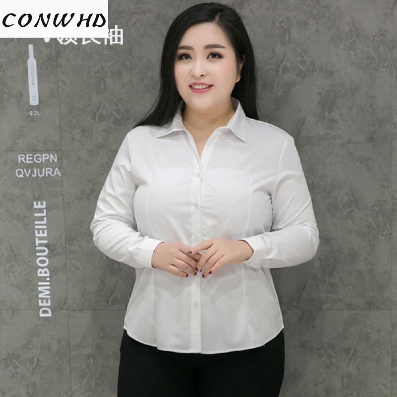 棉质夏季女胖妹妹200斤通勤职业装衬衫工作服 v领白色 2xl 胸围100