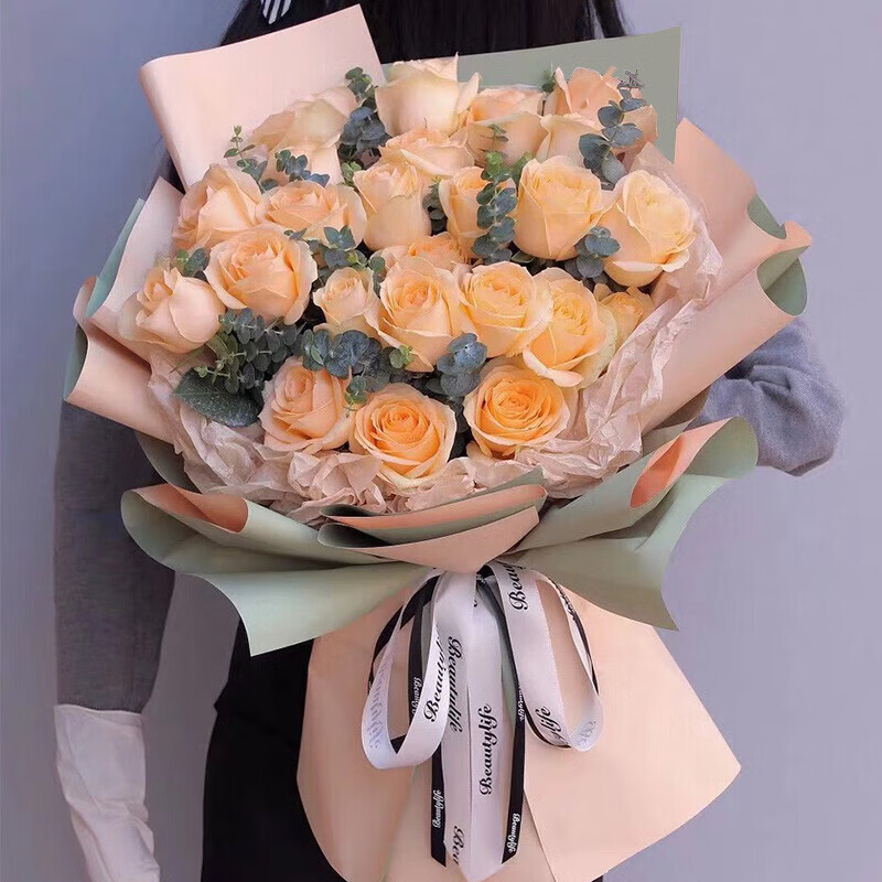 爱花居鲜花速递33朵香槟玫瑰真花花束表白送女友生日礼物同城配送|F56
