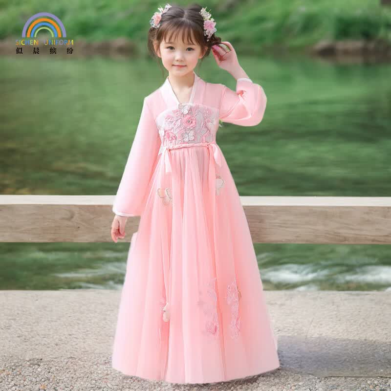 似晨缤纷女童汉服秋季长袖儿童中国风襦裙连衣裙古装裙子中秋唐装 粉色110属于什么档次？
