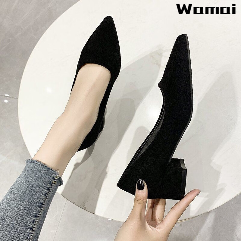 瓦迈33-43码 大码高跟鞋女3cm小跟41气质百搭42职业礼仪粗跟单鞋33