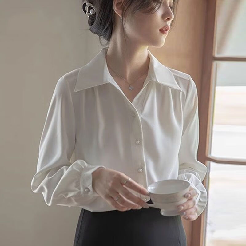 雷黛茜法式v领白色衬衫女春秋衬衣职业面试感抗皱正装上衣长袖 白色【面料】 S