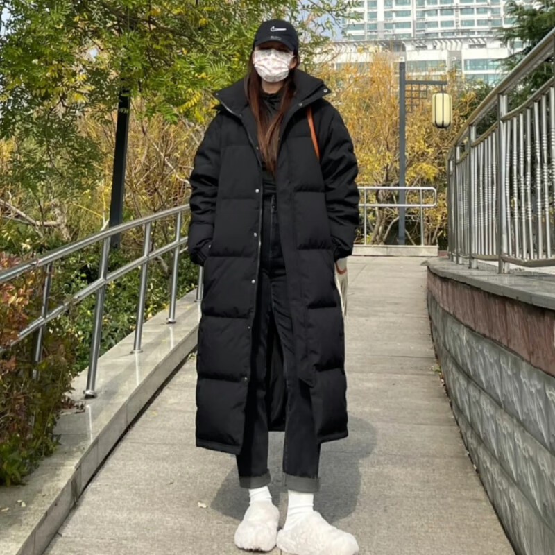清丝坊充绒量200以上女羽绒服中戏中长版过膝韩版宽松连帽加厚 黑色 s