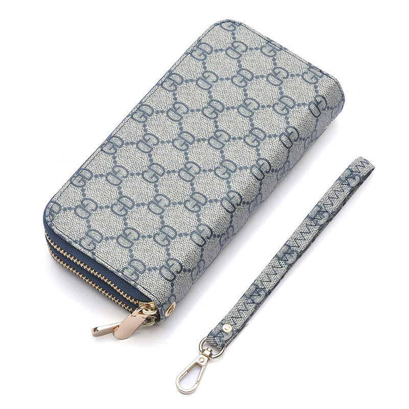 万誉手包女士手拿包欧美时尚大牌钱包女女士长款钱包大容量拉链手拿包 双拉链-蓝色