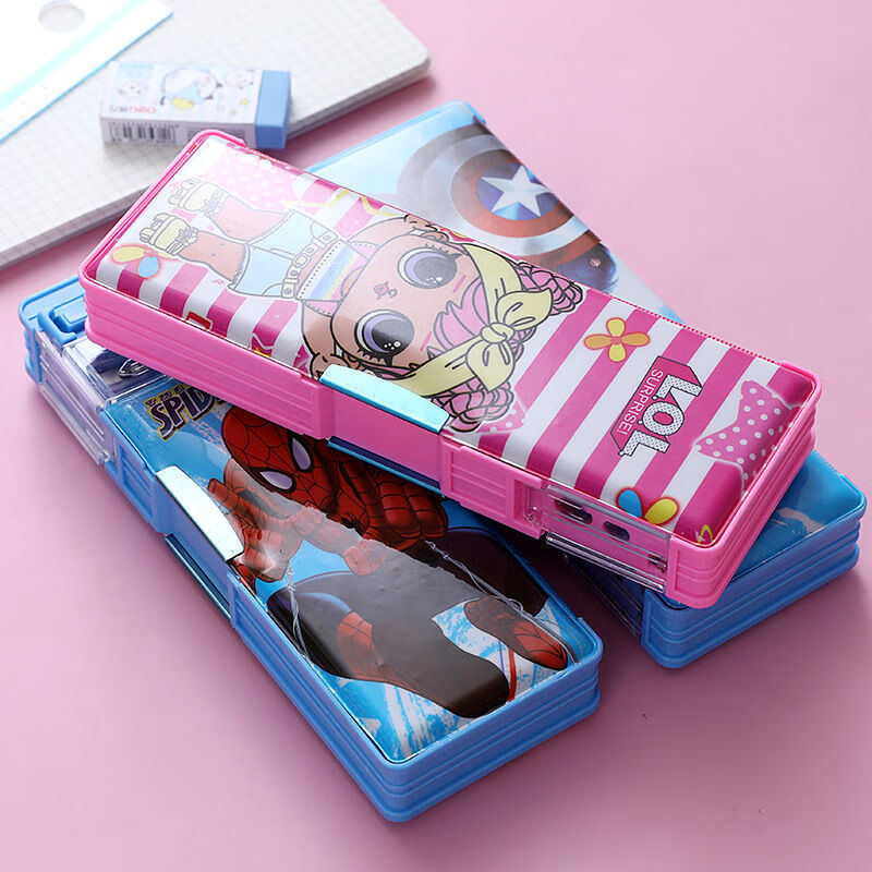 【2个文具盒 橡皮】卡通人物双孔卷笔刀多功能双面开磁扣文具盒 文具