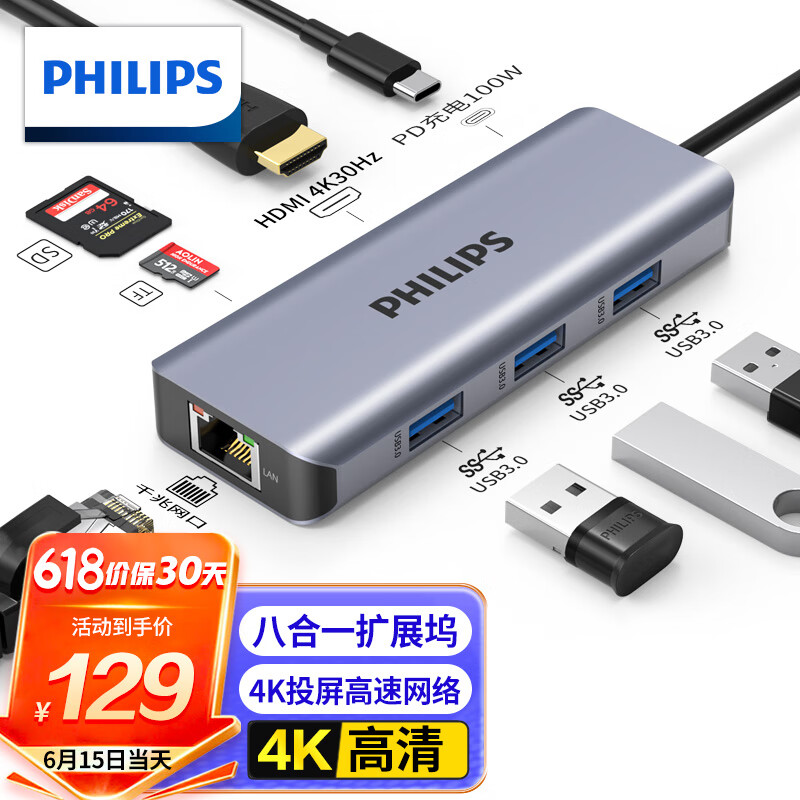 飞利浦Type-C扩展坞USB-C转HDMI千兆网口转接头雷电4拓展坞读卡器HUB苹果15MacBook华为笔记本电脑转换器