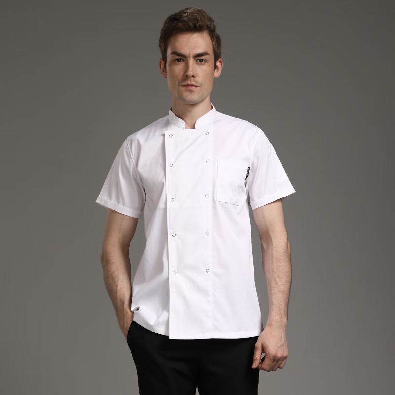 纯棉高端纯棉厨师工作服长袖秋冬季男高档酒店饭 兄弟-五爪扣短袖白色