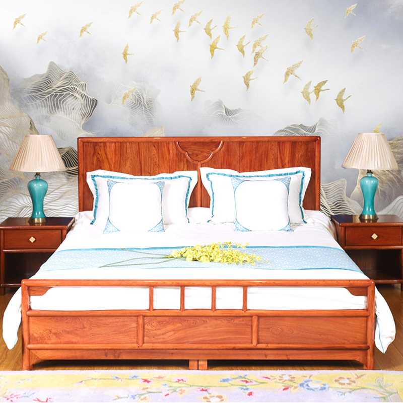 鲁艺红木家具缅甸花梨（学名：大果紫檀）1.8米双人床 新中式实木床卧室家具床床头柜雅逸高低床 双人高低床