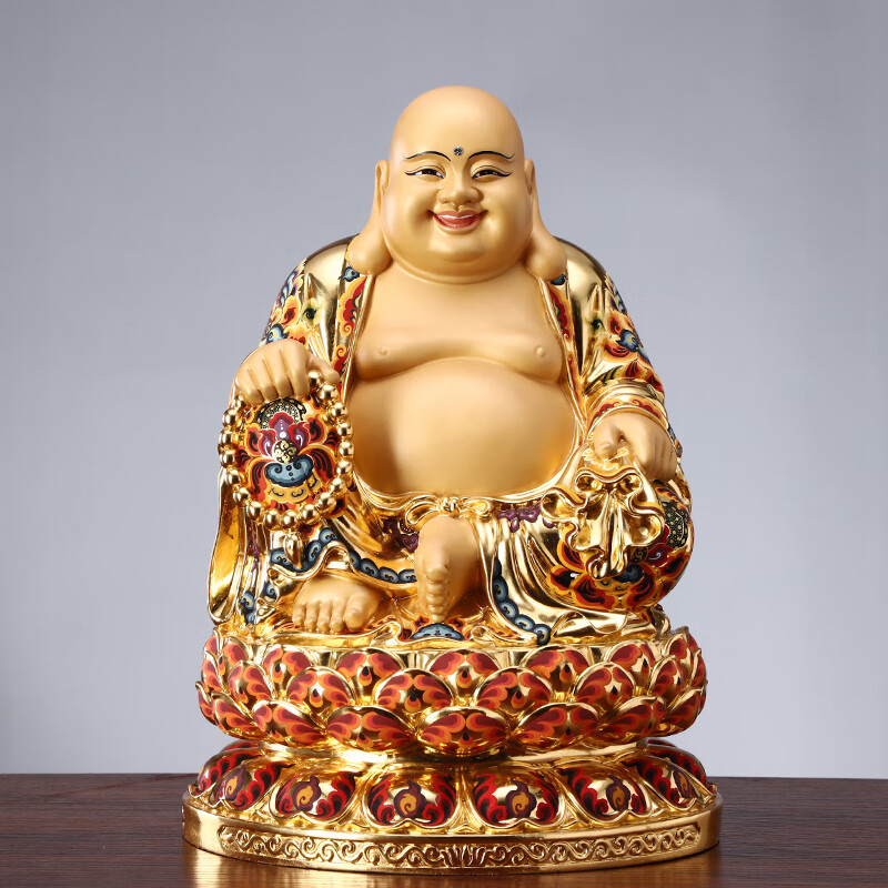 圆通 贴金黄铜笑佛像大肚弥勒佛 彩绘笑佛 弥勒佛像 供奉家用 32厘米