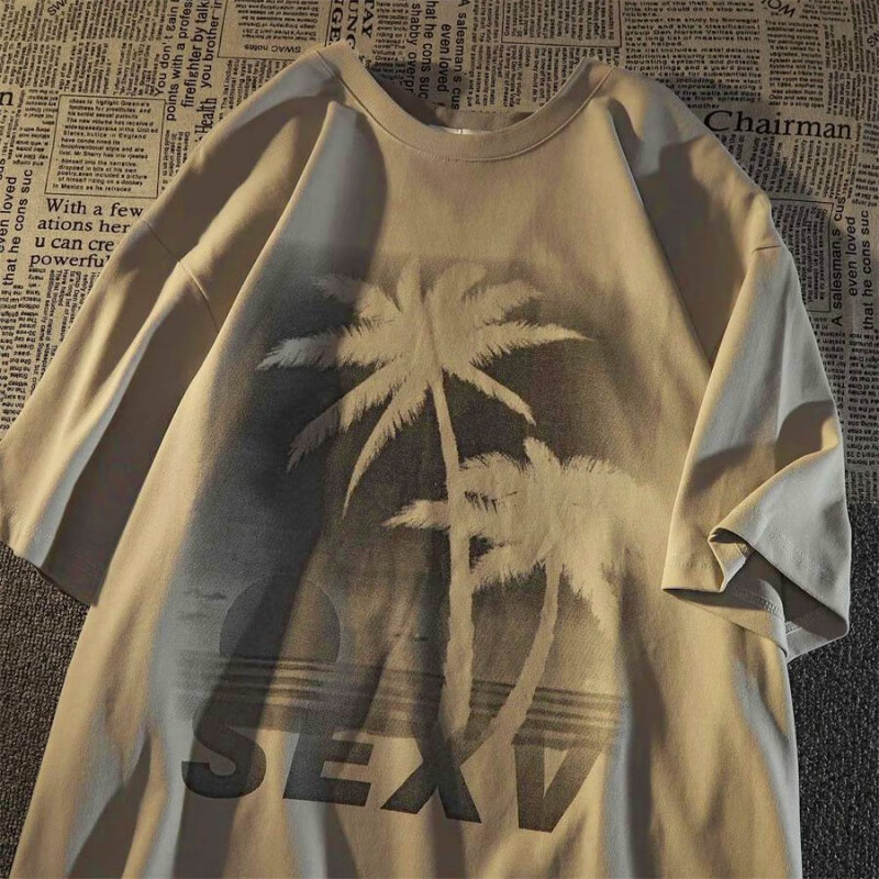 will not美式复古高街椰子树潮牌情侣装大码短袖t恤男女夏季宽松半袖