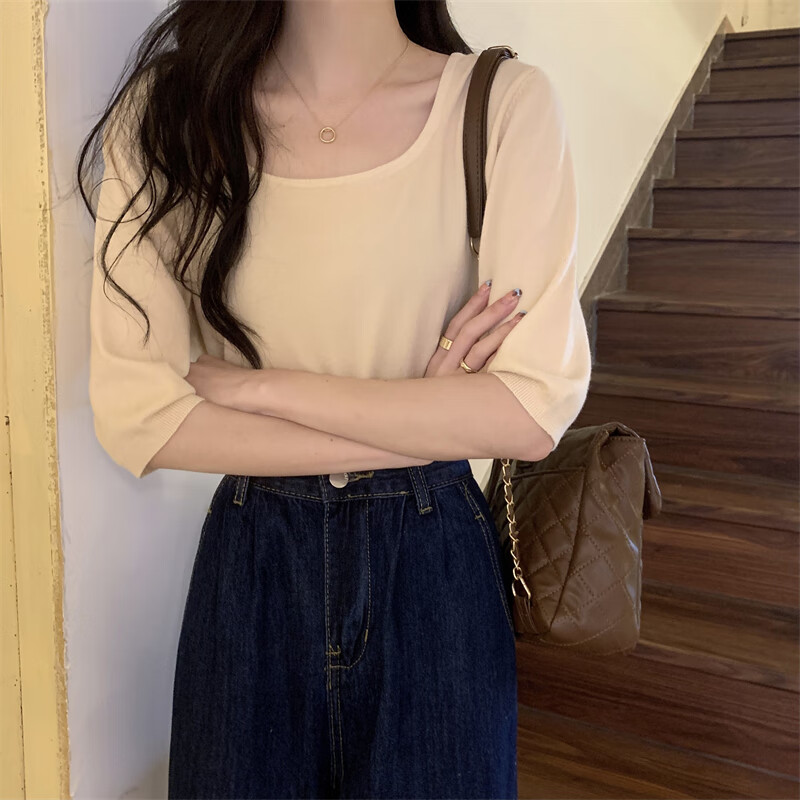 领短袖针织衫女2023年新款春季打底衫设计感小众宽松内搭上衣潮 杏色