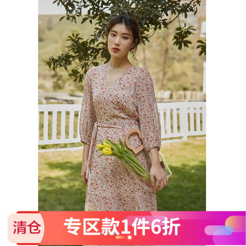 独束大码女装胖mm碎花雪纺连衣裙女2020夏装新款蕾丝拼接a字裙显高显瘦初恋裙 碎花 XXL