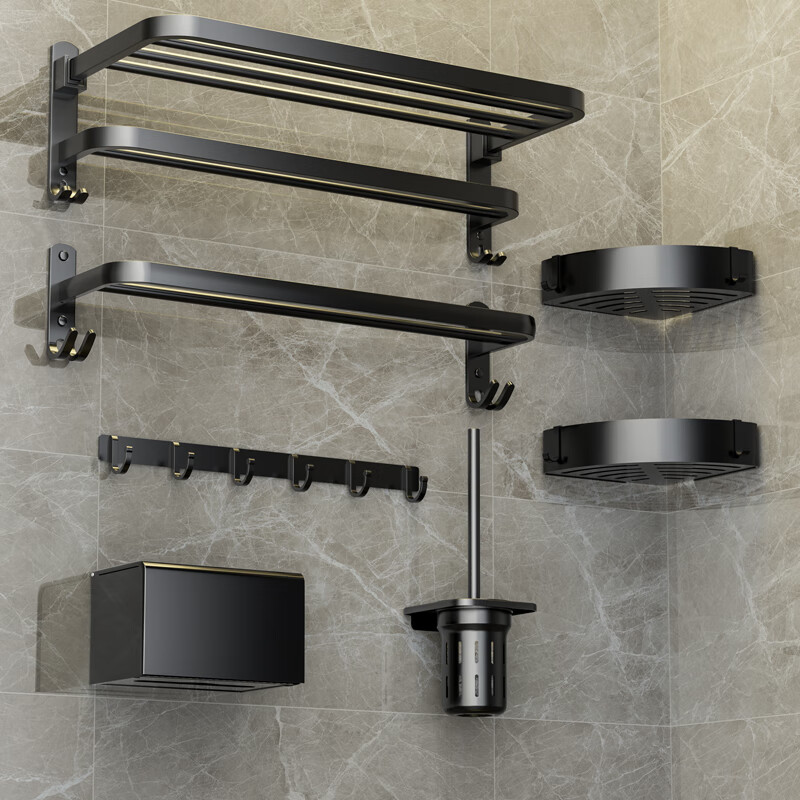 百字 卫生间置物架浴室免打孔毛巾浴巾架卫浴挂件太空铝黑色七件套装