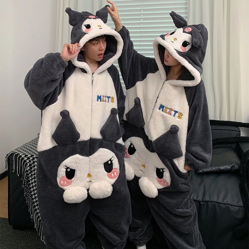 萧淑妃卡通连体法兰绒男女士睡衣冬季加绒加厚保暖连帽情侣珊瑚绒家居服 库洛米 男生3XL码