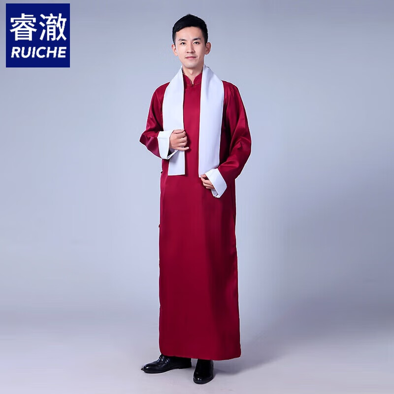 大褂演出服服装五四青学生装民国唐装长衫长袍马褂男女 酒红带围巾