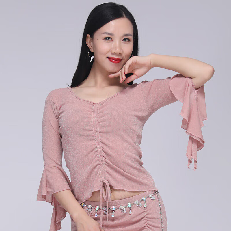 欲動夏季新款肚皮舞上衣大碼練功服套裝東方舞蹈服表演演出衣服顯 粉色上衣 S(85-95斤)